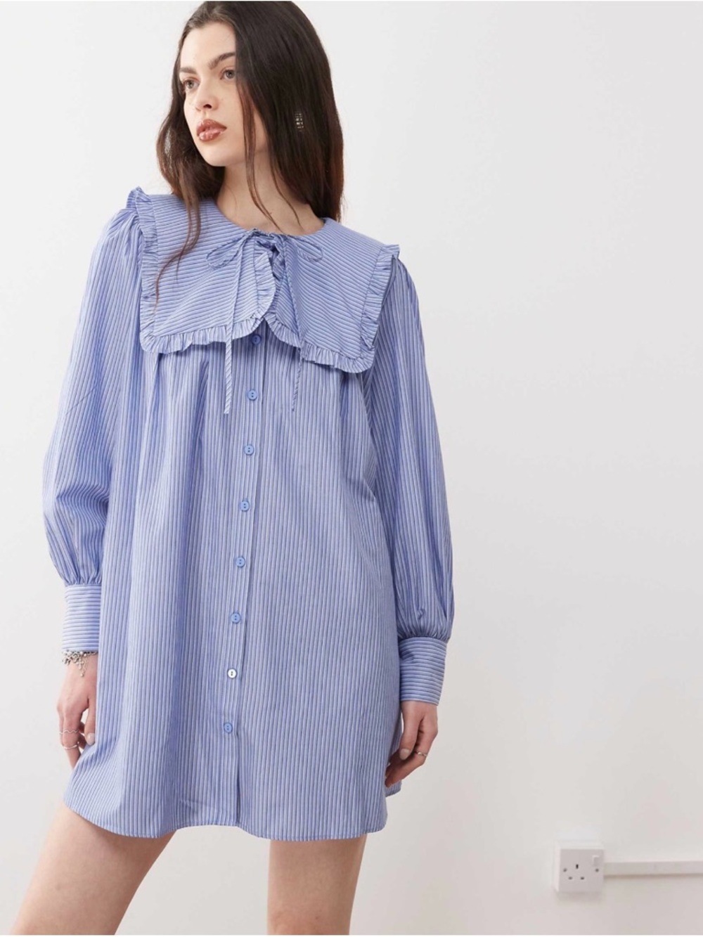 Light Blue Striped Ruffle-Collar Mini Dress Reclaimed Vintage ASOS NWT